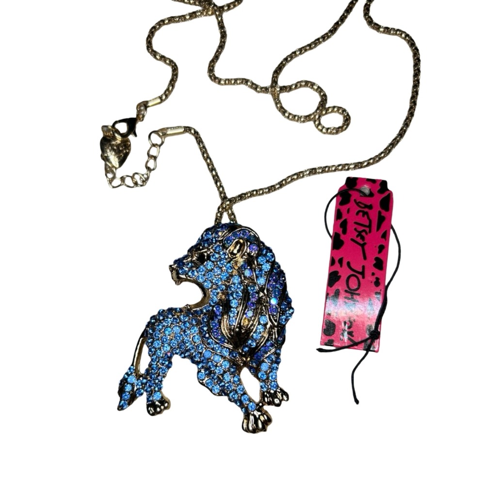 Betsey Johnson Blue Rhinestone Lion Pendant Brooch Necklace Gold Tone NWT